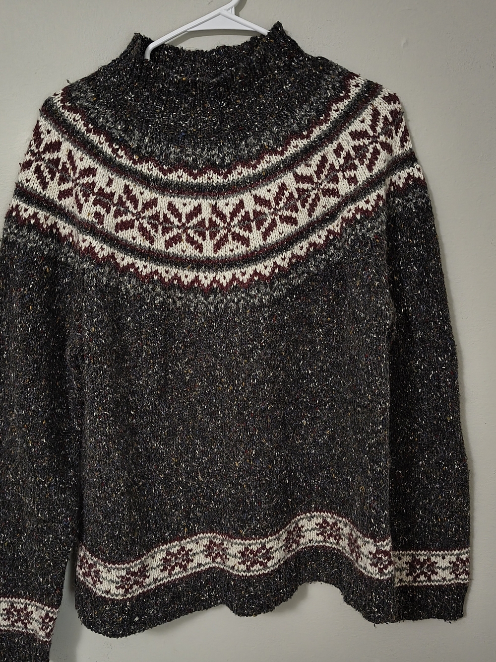 croft & barrow Gray Cowl-Neck Sweater with Cream and Burgundy Nordic Yoke